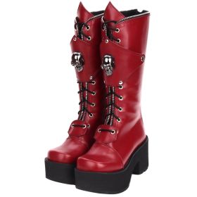 Zipper Studded Skull Punk Thick-soled High Boots (Option: Wine Red-33)