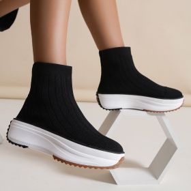 Women's Thick-soled Boots Knitted Round Toe Socks Shoes Casual Breathable Solid Color Flying Knit Ankle Boots (Option: Black-37.)