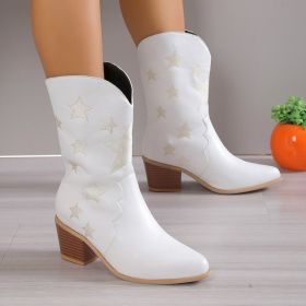 Women's Embroidered Knight Boots Winter Pointed Toe Chunky Heel Long Western Boots (Option: White-37.)