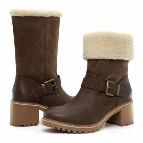 Fashion Boots With Buckle Chunky Heel Shoes Warm Winter Round Toe Western Boots For Women (Option: Coffee-39.)
