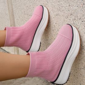 Women's Thick-soled Boots Knitted Round Toe Socks Shoes Casual Breathable Solid Color Flying Knit Ankle Boots (Option: Pink-36.)