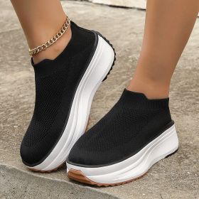 Fashion Thick-soled Ankle Boots Women Casual Round Toe Socks Shoes Breathable Solid Color Short Boots Sports Shoes (Option: Black-36.)