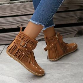 Retro Ankle Boots With Rivet Tassel Flat Shoes Women Winter Boots (Option: Dark Brown-41.)