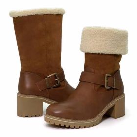 Fashion Boots With Buckle Chunky Heel Shoes Warm Winter Round Toe Western Boots For Women (Option: Light Brown-42.)