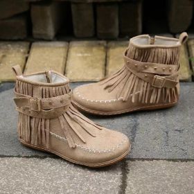 Retro Ankle Boots With Rivet Tassel Flat Shoes Women Winter Boots (Option: Khaki-40.)
