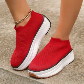 Fashion Thick-soled Ankle Boots Women Casual Round Toe Socks Shoes Breathable Solid Color Short Boots Sports Shoes (Option: Red-37.)
