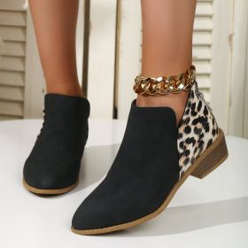 Fashion Leopard Print Boots Women Pointed Toe Chunky Heel Back Zipper Shoes (Option: Black-37.)