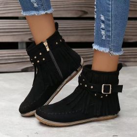 Retro Ankle Boots With Rivet Tassel Flat Shoes Women Winter Boots (Option: Black-43.)