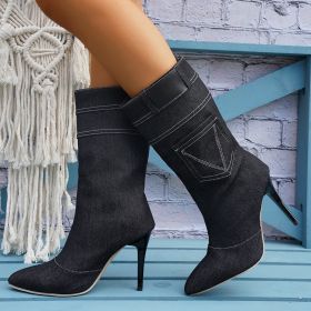 Fashion Denim Boots Women's Stiletto Pointed Toe Western Boots With Pocket Design (Option: Black-36.)