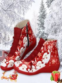 Women's Fashion Casual Christmas Flat Ankle Boots (Option: Red Christmas Style-43)