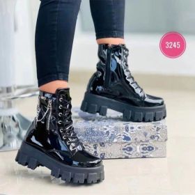 Platform Martin Boots Women's Plus Size Lace Up Chunky Heel Ankle Boots (Option: Black Bright Skin-43)