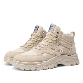 Fall Winter Men High Top Boots Thick Bottom Retro (Option: Beige With Plush-41)
