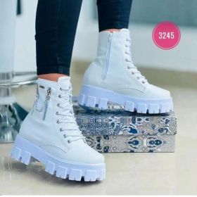 Platform Martin Boots Women's Plus Size Lace Up Chunky Heel Ankle Boots (Option: White-43)