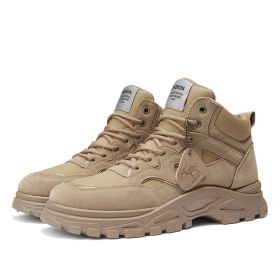 Fall Winter Men High Top Boots Thick Bottom Retro (Option: Khaki With Velvet Lining-43)